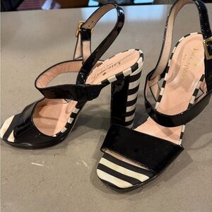 kate spade Black Patent Stripe Block Heel Sandals
